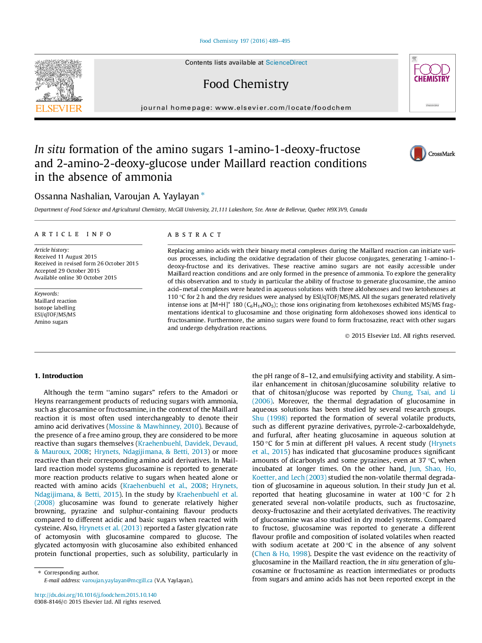 In situ formation of the amino sugars 1-amino-1-deoxy-fructose and 2-amino-2-deoxy-glucose under Maillard reaction conditions in the absence of ammonia