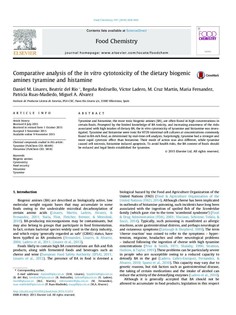 Comparative analysis of the in vitro cytotoxicity of the dietary biogenic amines tyramine and histamine