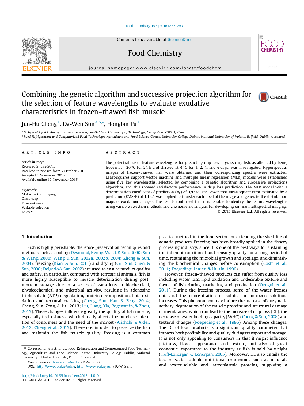 Combining the genetic algorithm and successive projection algorithm for the selection of feature wavelengths to evaluate exudative characteristics in frozen–thawed fish muscle