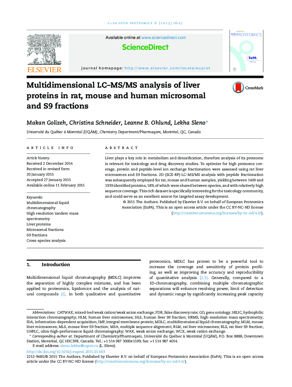 Multidimensional LC–MS/MS analysis of liver proteins in rat, mouse and human microsomal and S9 fractions 