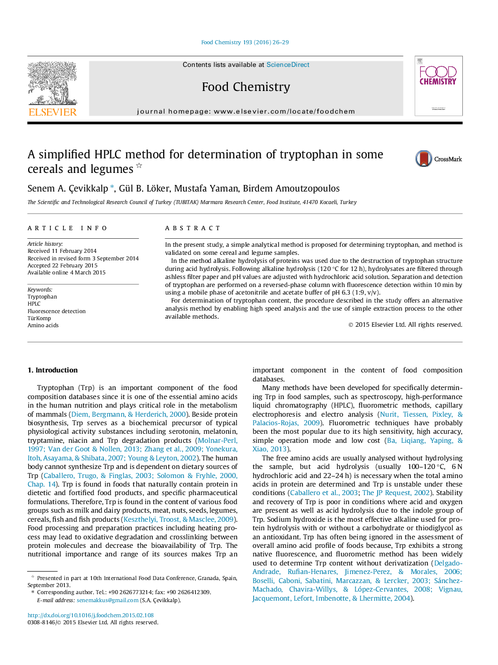 A simplified HPLC method for determination of tryptophan in some cereals and legumes 