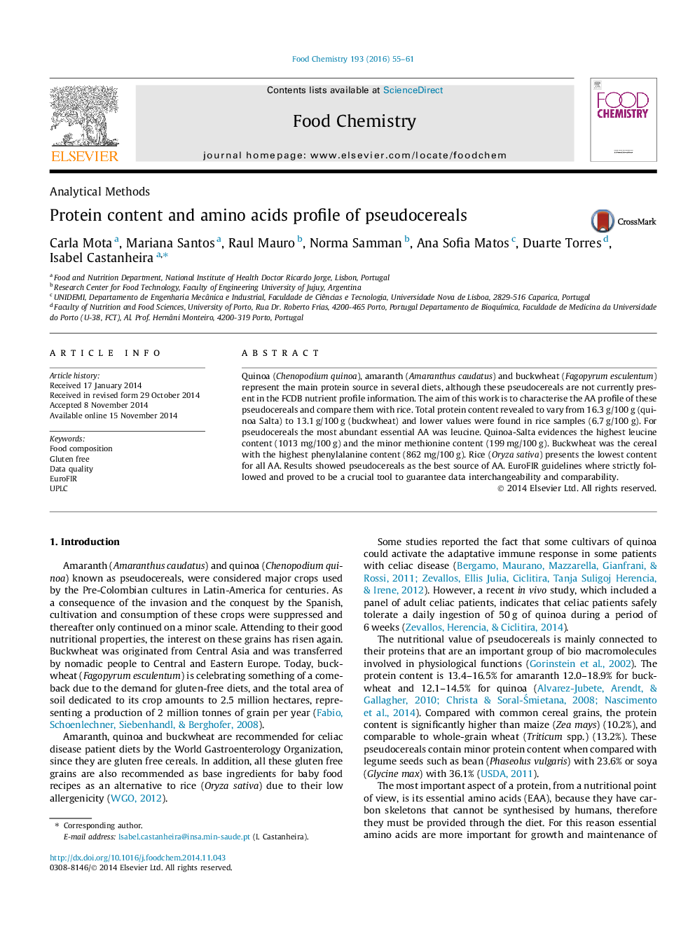 Protein content and amino acids profile of pseudocereals