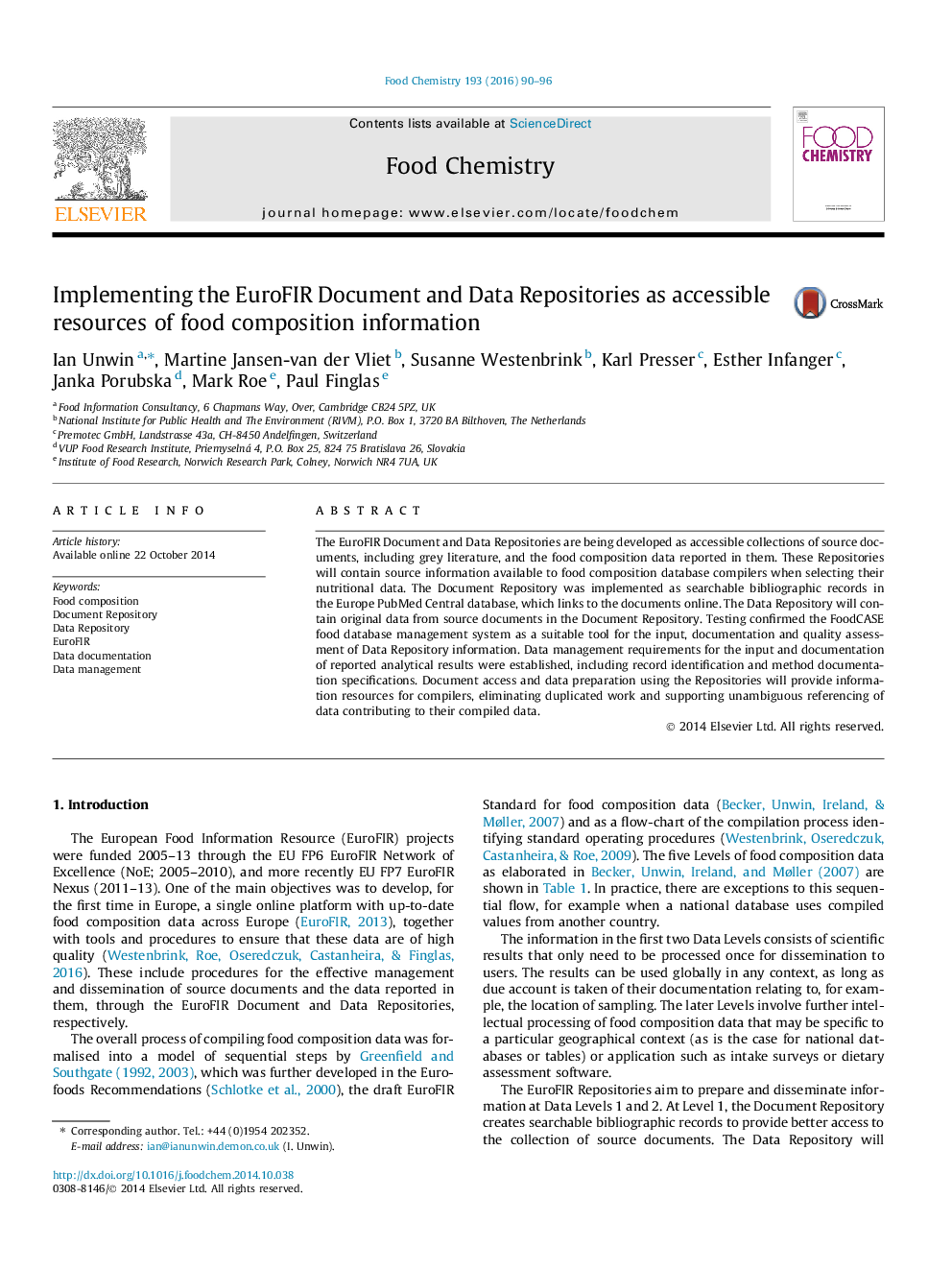 Implementing the EuroFIR Document and Data Repositories as accessible resources of food composition information