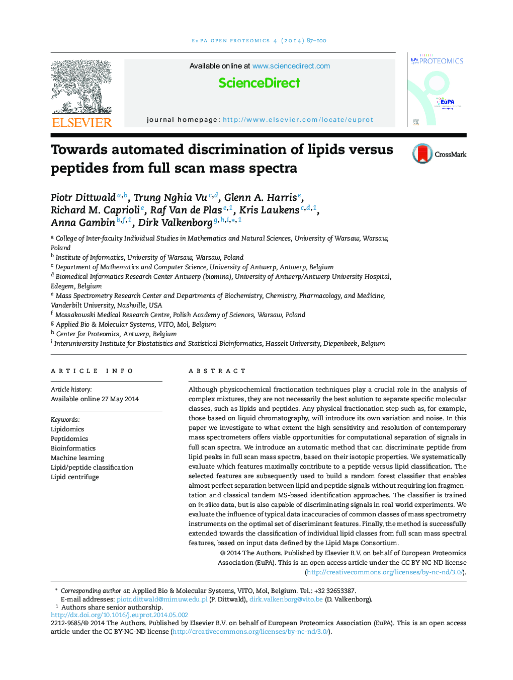 Towards automated discrimination of lipids versus peptides from full scan mass spectra