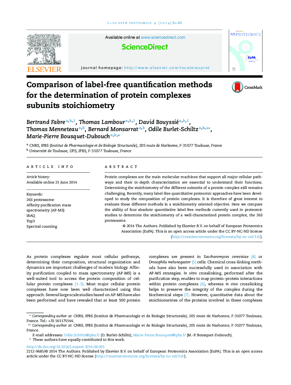 Comparison of label-free quantification methods for the determination of protein complexes subunits stoichiometry