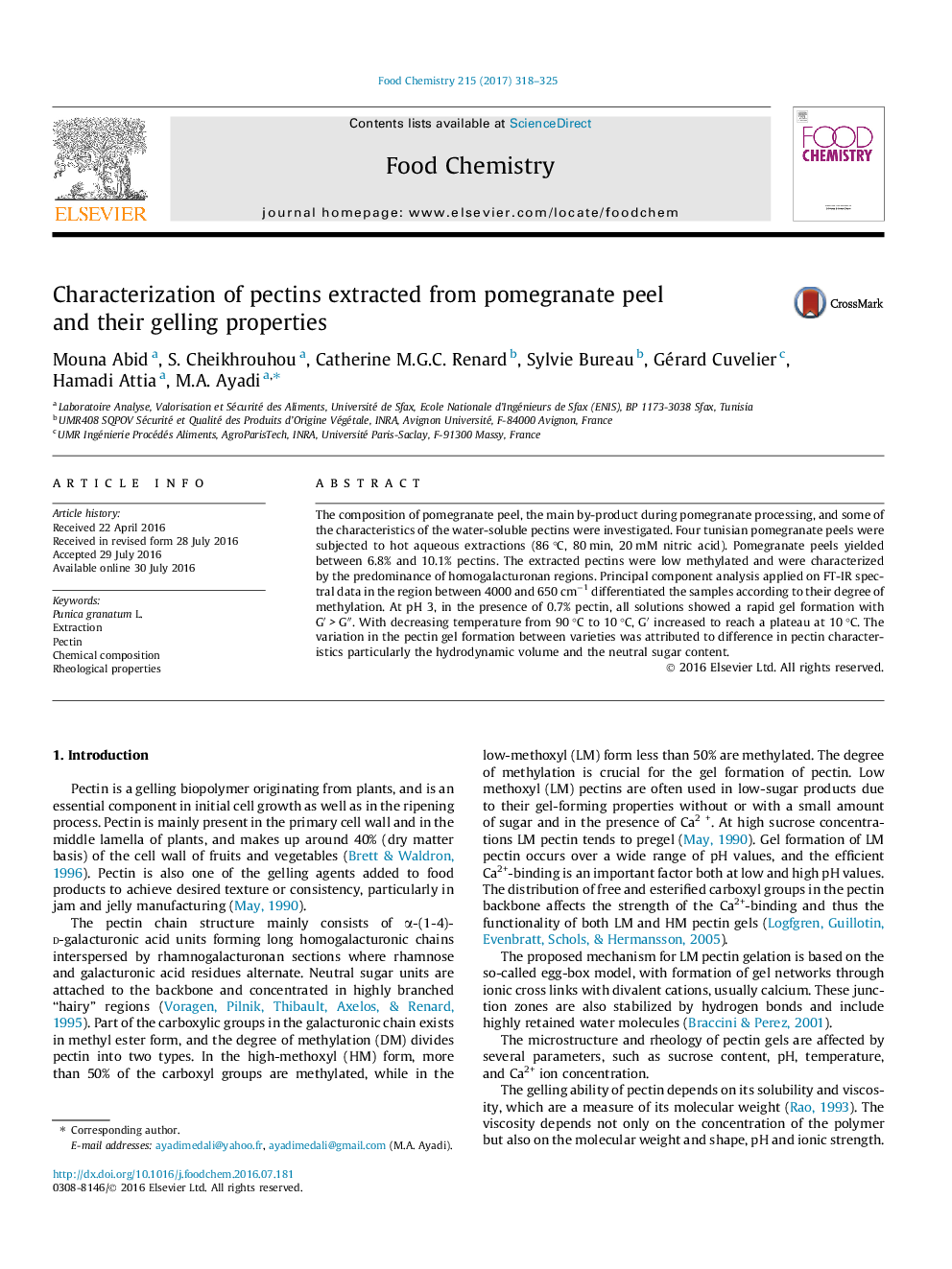 Characterization of pectins extracted from pomegranate peel and their gelling properties