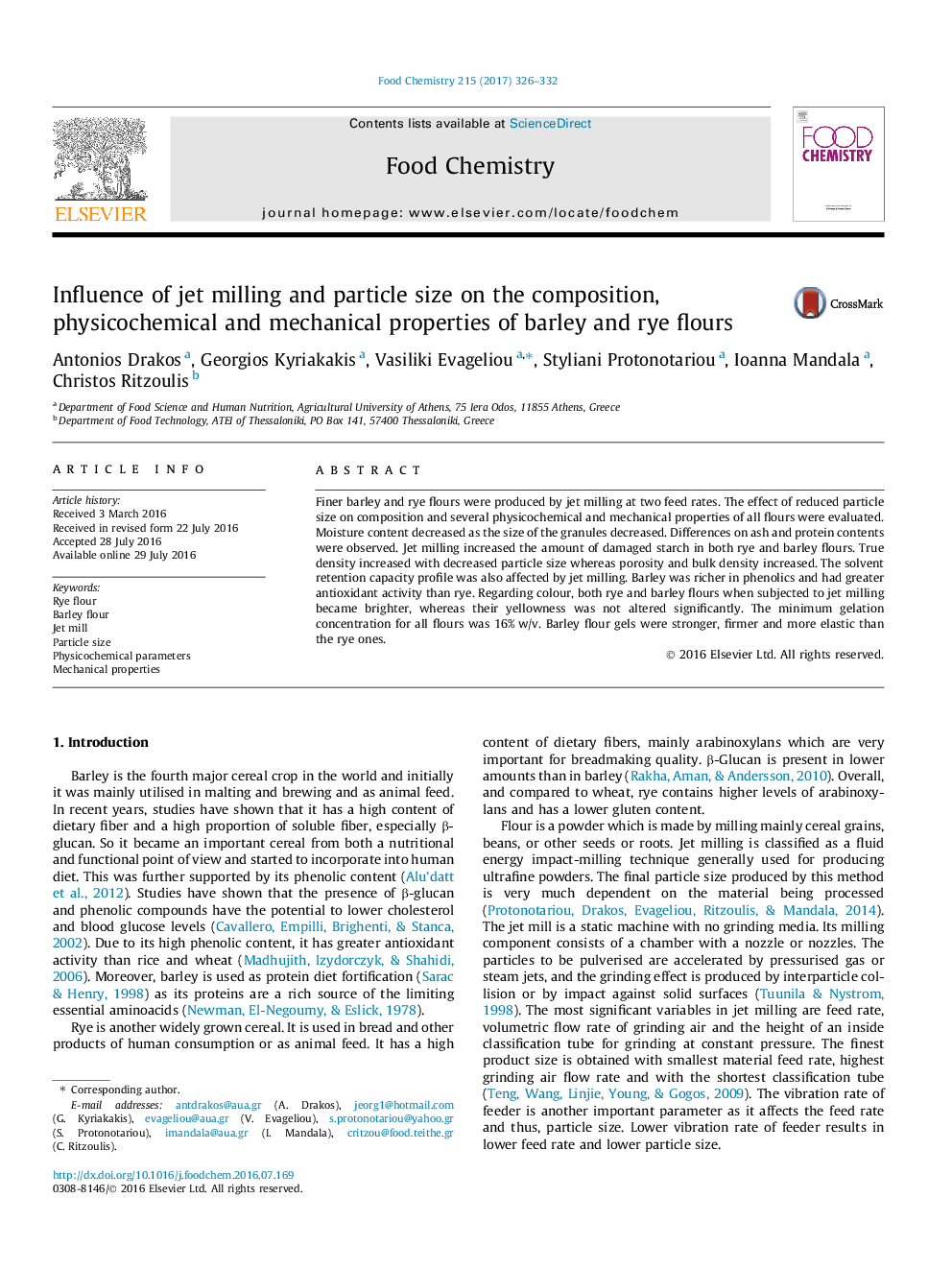 Influence of jet milling and particle size on the composition, physicochemical and mechanical properties of barley and rye flours