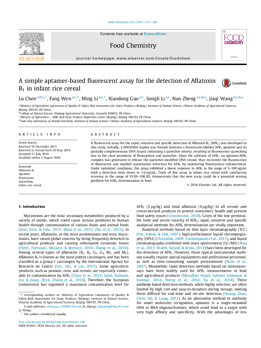 A simple aptamer-based fluorescent assay for the detection of Aflatoxin B1 in infant rice cereal