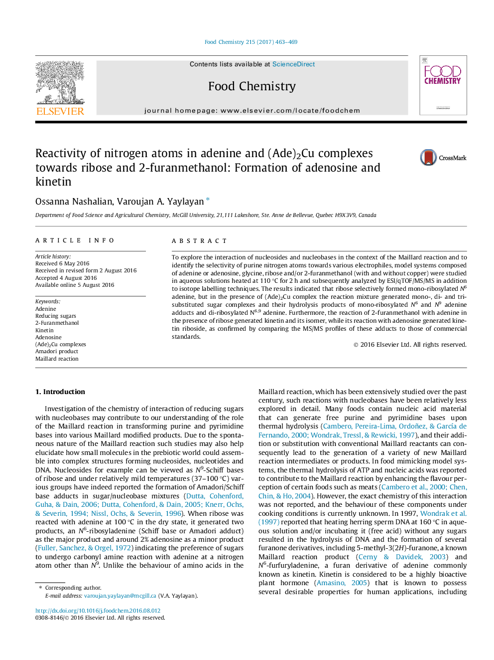 Reactivity of nitrogen atoms in adenine and (Ade)2Cu complexes towards ribose and 2-furanmethanol: Formation of adenosine and kinetin