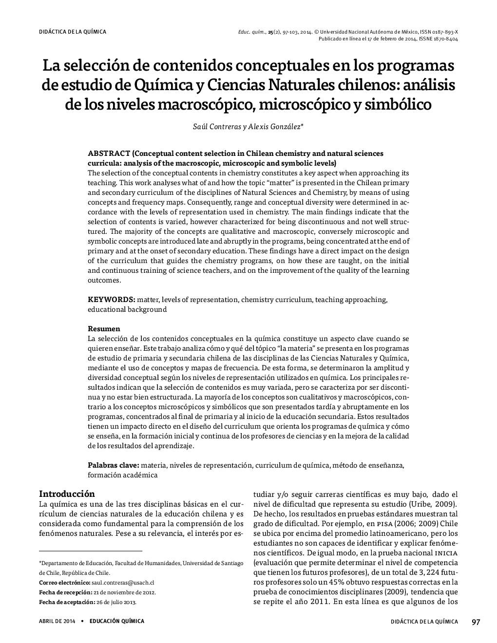 انتخاب محتوای مفهومی در برنامه های مطالعه علوم طبیعی و علوم شیلی: تجزیه و تحلیل سطح ماکروسکوپیک، میکروسکوپیک و نمادین 