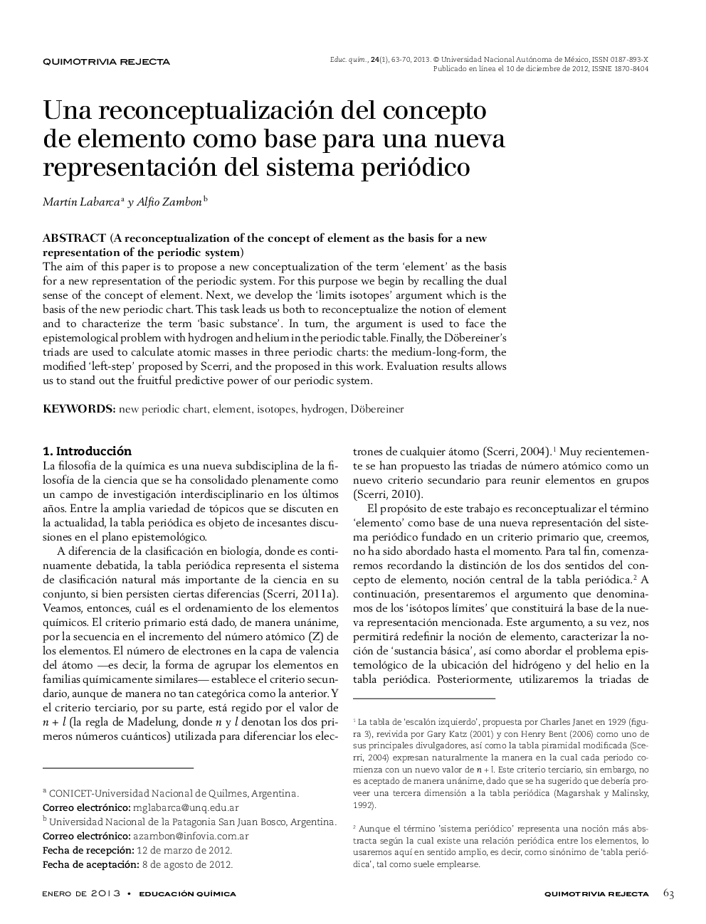 Una reconceptualización del concepto de elemento como base para una nueva representación del sistema periódico