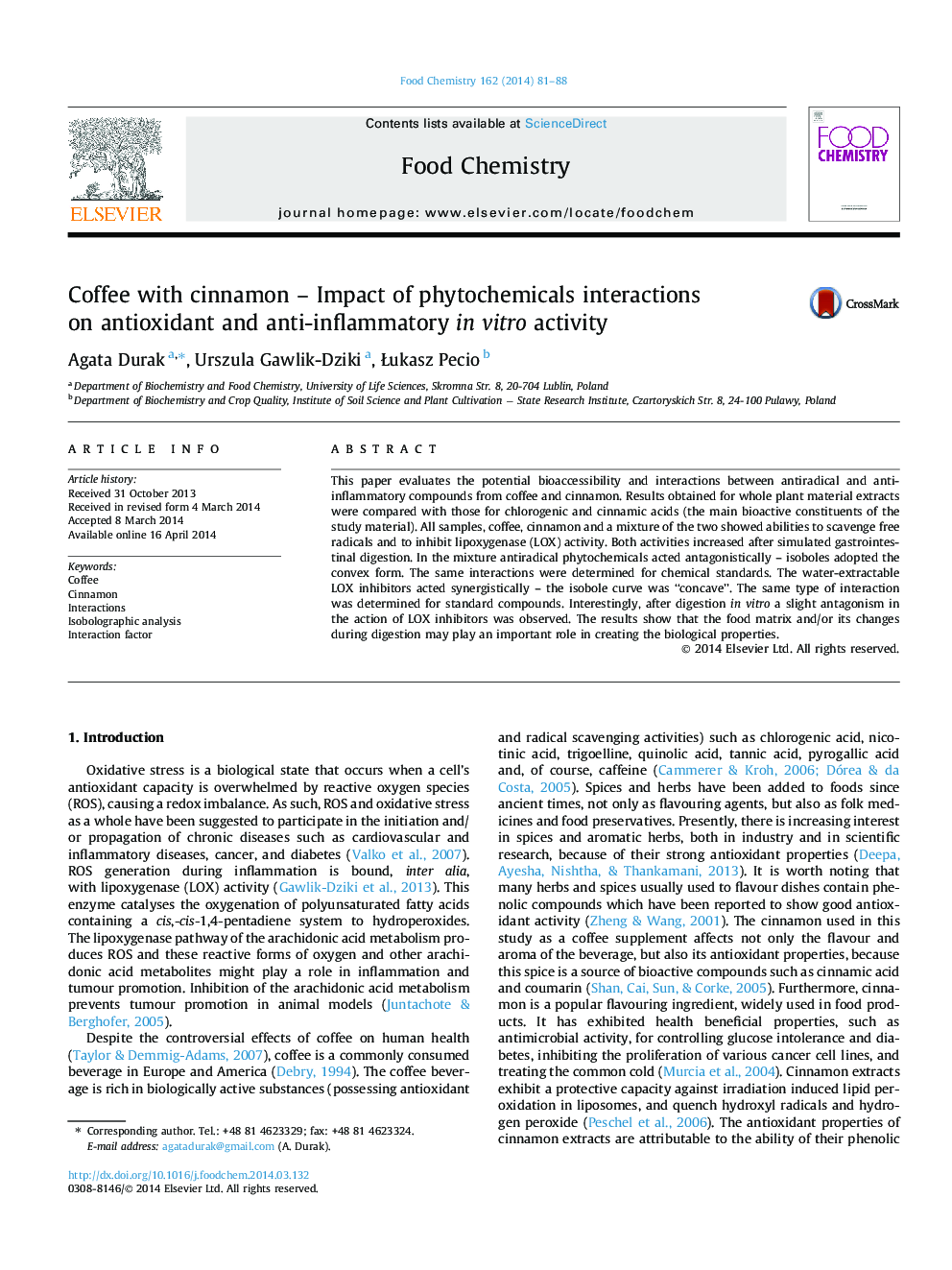 Coffee with cinnamon – Impact of phytochemicals interactions on antioxidant and anti-inflammatory in vitro activity