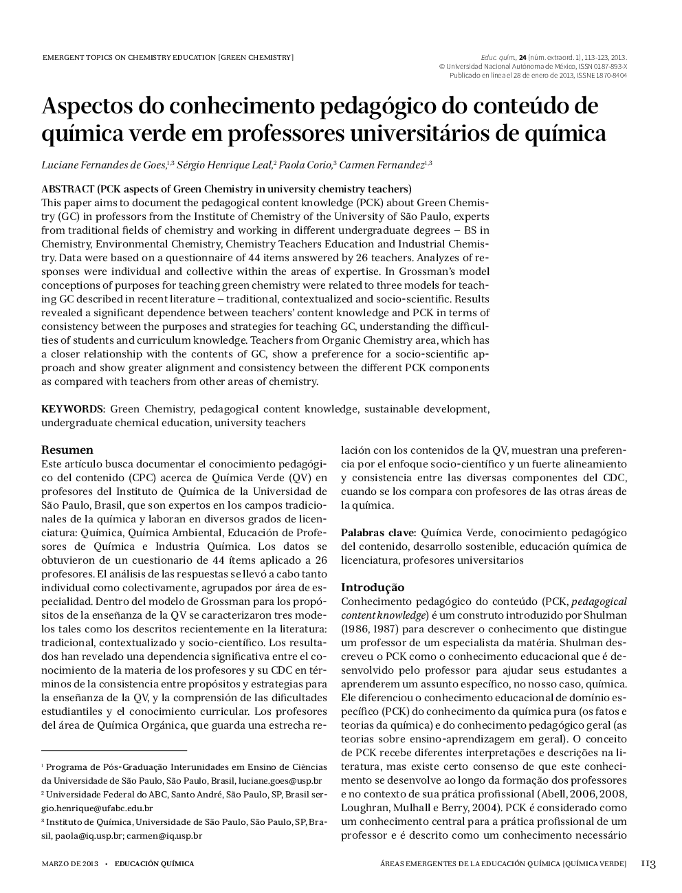 Aspectos do conhecimento pedagógico do conteúdo de química verde em professores universitários de química