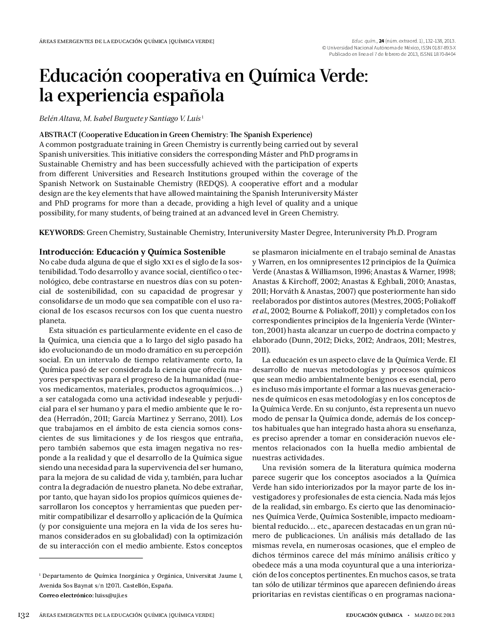 Educación cooperativa en Química Verde: la experiencia española