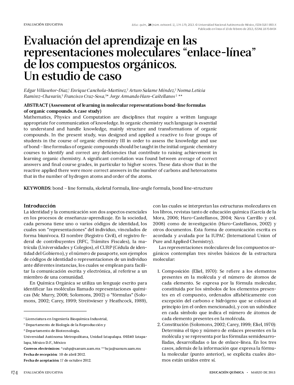 Evaluación del aprendizaje en las representaciones moleculares “enlace-línea” de los compuestos orgánicos. Un estudio de caso
