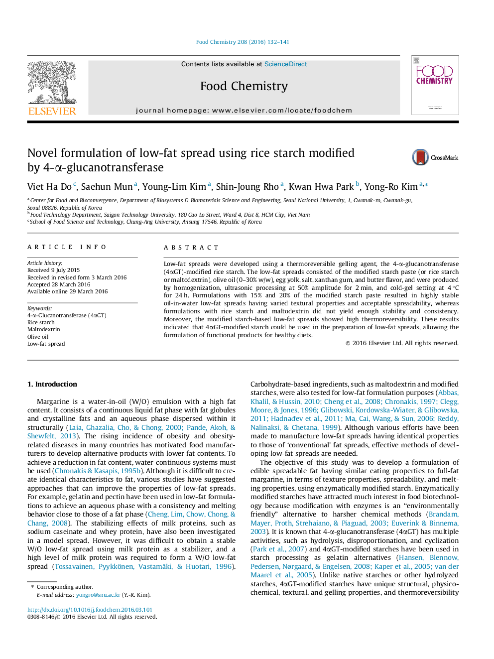 Novel formulation of low-fat spread using rice starch modified by 4-α-glucanotransferase