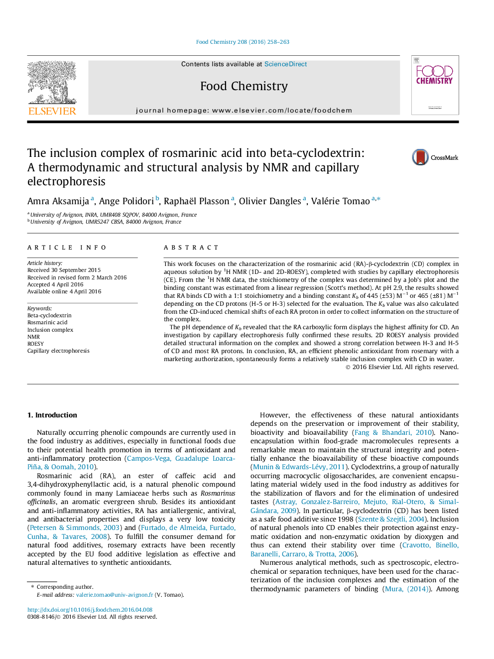 The inclusion complex of rosmarinic acid into beta-cyclodextrin: A thermodynamic and structural analysis by NMR and capillary electrophoresis