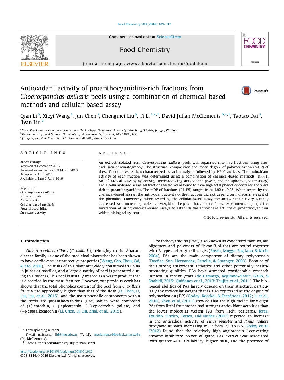 Antioxidant activity of proanthocyanidins-rich fractions from Choerospondias axillaris peels using a combination of chemical-based methods and cellular-based assay