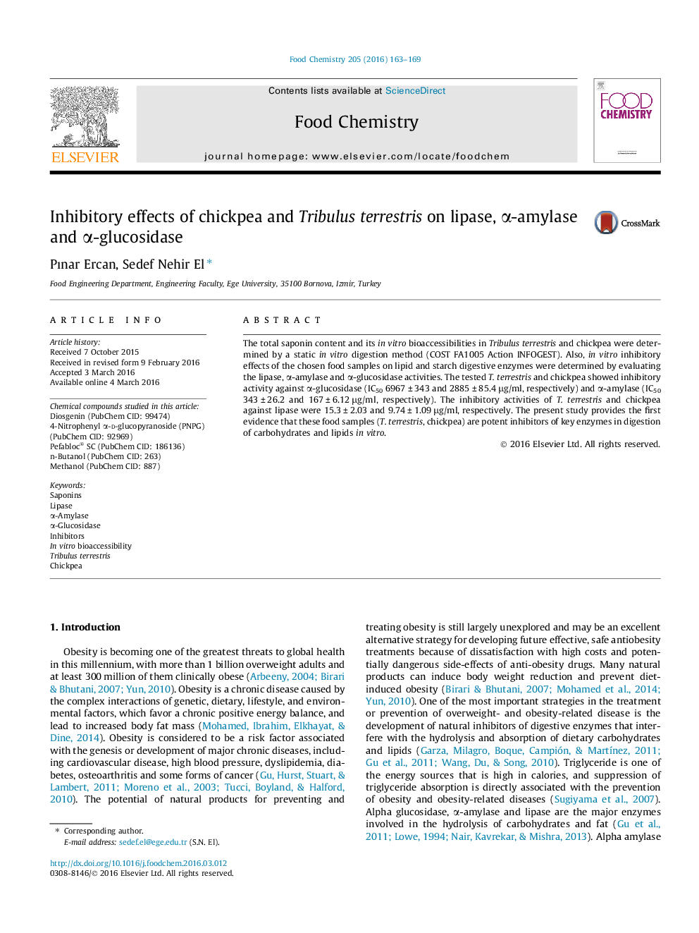 Inhibitory effects of chickpea and Tribulus terrestris on lipase, α-amylase and α-glucosidase