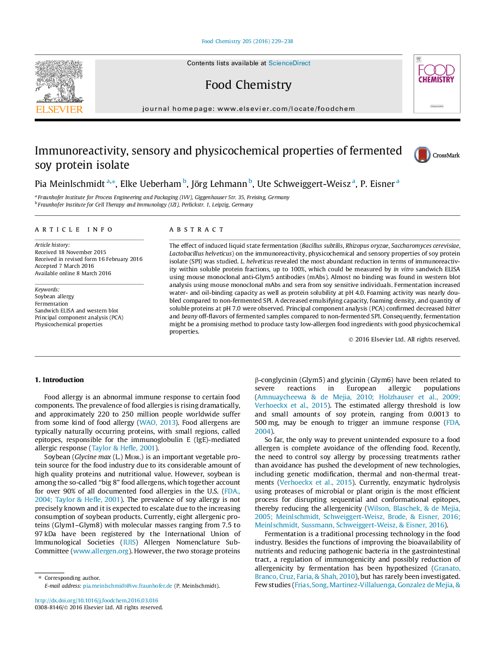 Immunoreactivity, sensory and physicochemical properties of fermented soy protein isolate