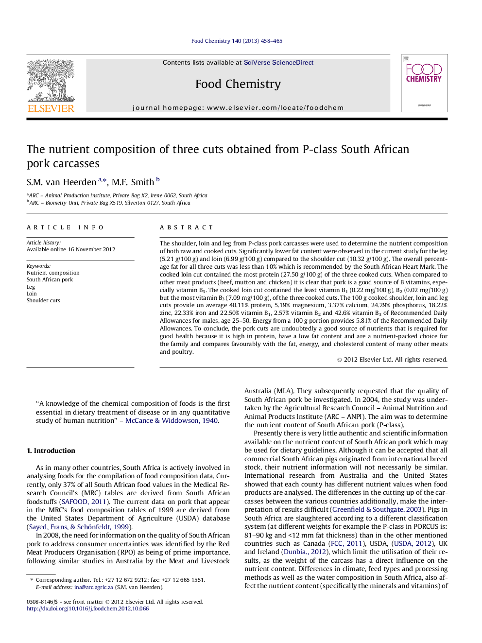 The nutrient composition of three cuts obtained from P-class South African pork carcasses