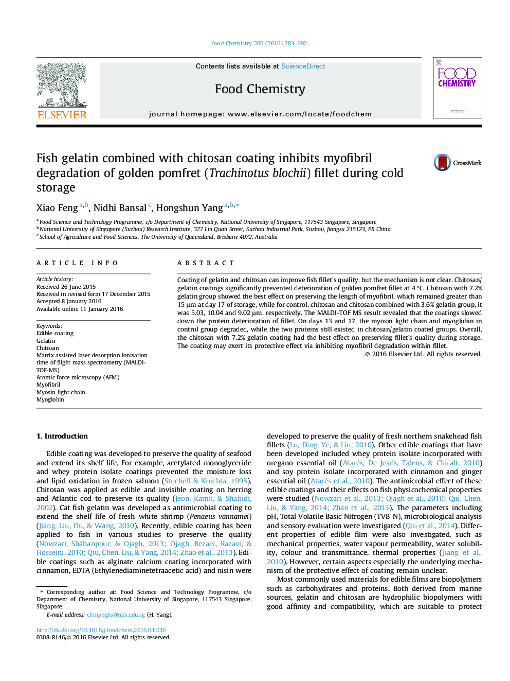 Fish gelatin combined with chitosan coating inhibits myofibril degradation of golden pomfret (Trachinotus blochii) fillet during cold storage