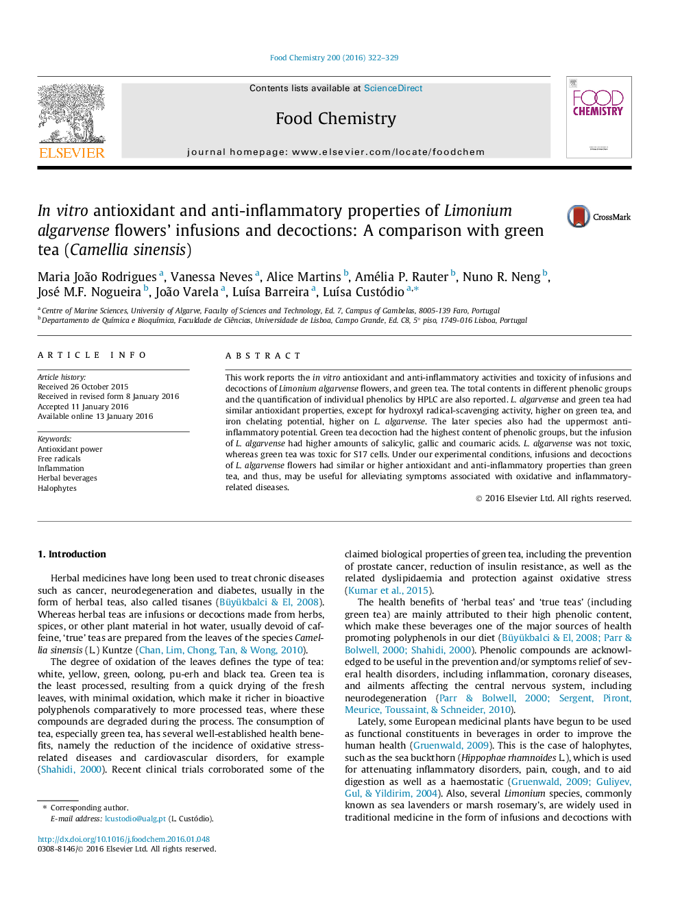 In vitro antioxidant and anti-inflammatory properties of Limonium algarvense flowers’ infusions and decoctions: A comparison with green tea (Camellia sinensis)