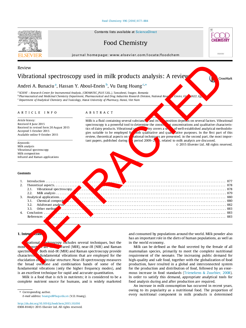 عکس صفحه اول مقاله: RETRACTED: Vibrational spectroscopy used in milk products analysis: A review RETRACTED: Vibrational spectroscopy used in milk products analysis: A review