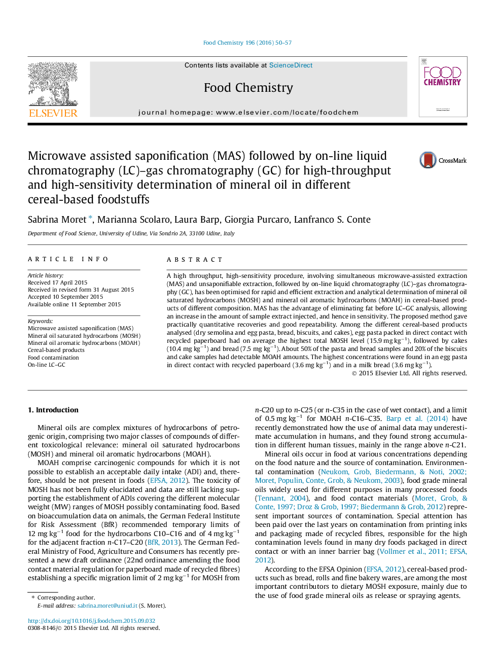 Microwave assisted saponification (MAS) followed by on-line liquid chromatography (LC)–gas chromatography (GC) for high-throughput and high-sensitivity determination of mineral oil in different cereal-based foodstuffs