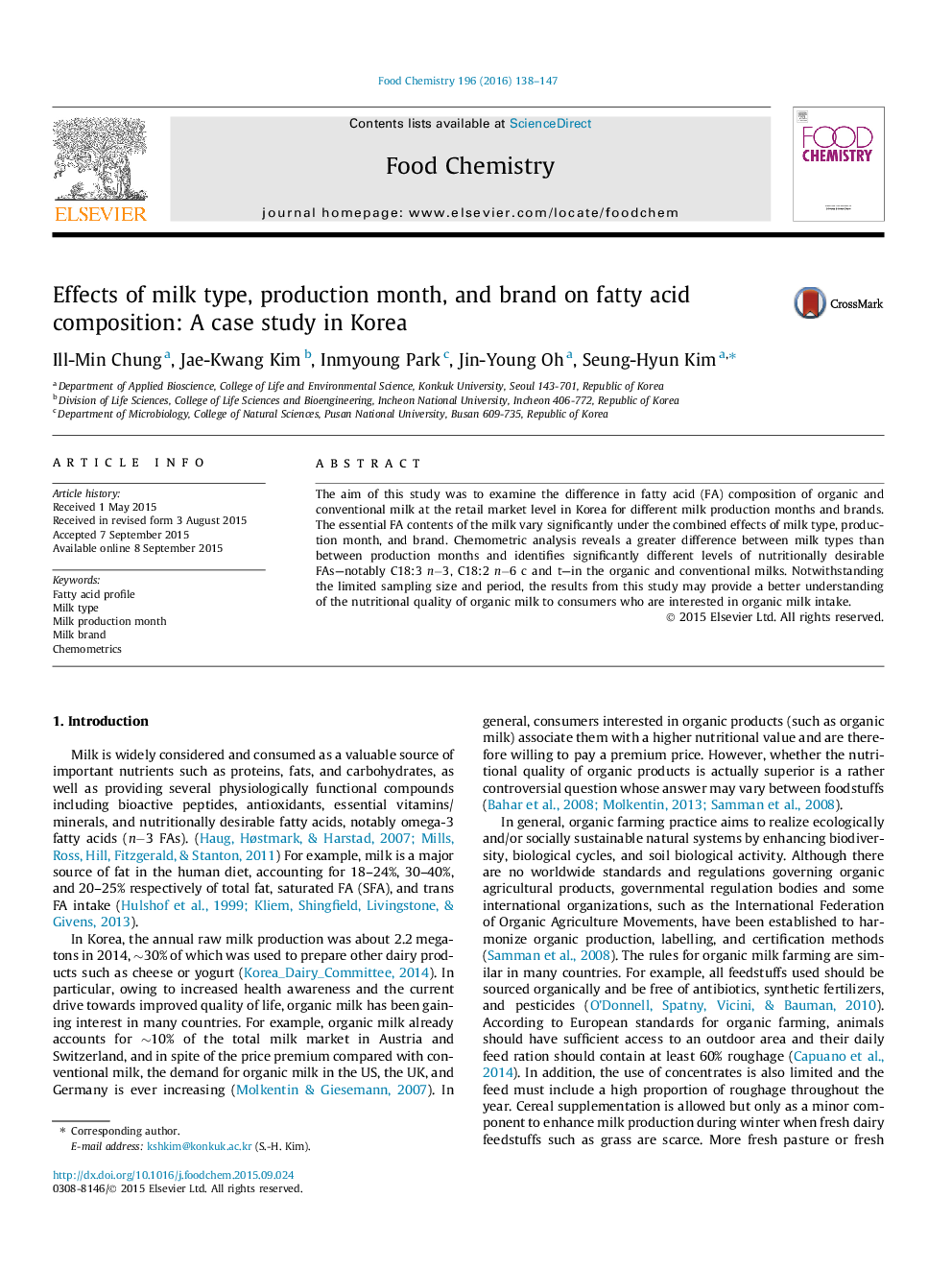 Effects of milk type, production month, and brand on fatty acid composition: A case study in Korea