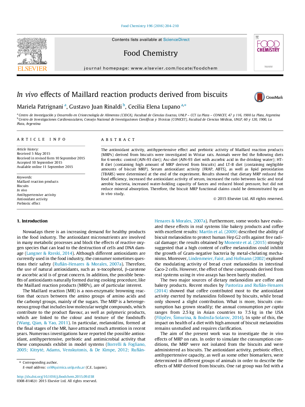 In vivo effects of Maillard reaction products derived from biscuits