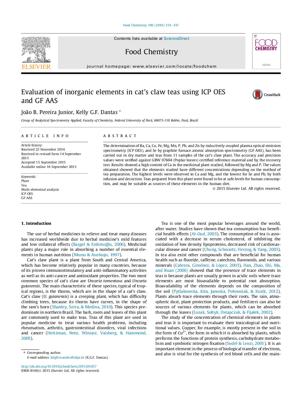 Evaluation of inorganic elements in cat’s claw teas using ICP OES and GF AAS