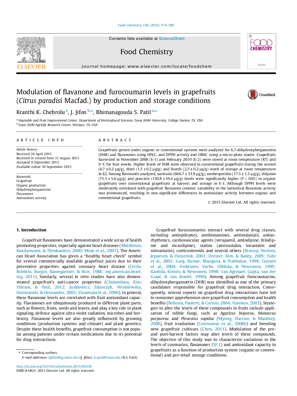 Modulation of flavanone and furocoumarin levels in grapefruits (Citrus paradisi Macfad.) by production and storage conditions