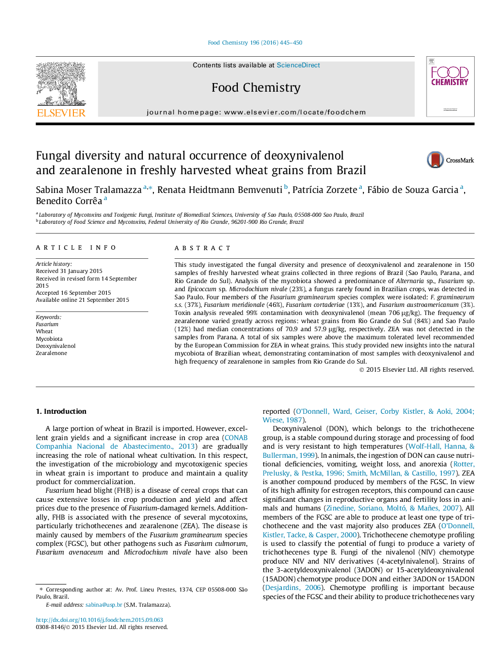 Fungal diversity and natural occurrence of deoxynivalenol and zearalenone in freshly harvested wheat grains from Brazil