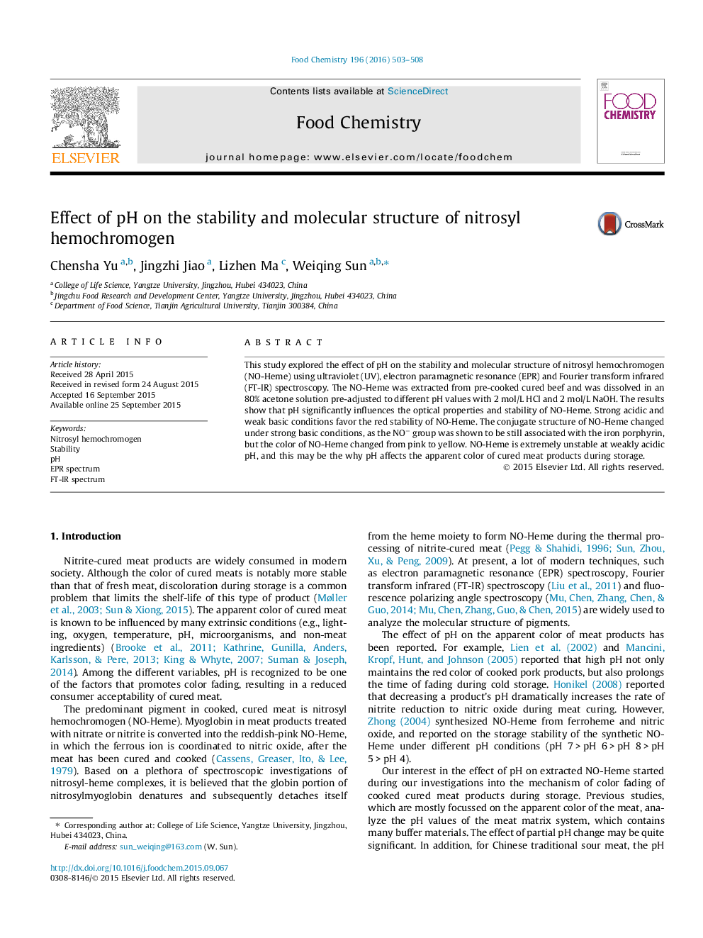 Effect of pH on the stability and molecular structure of nitrosyl hemochromogen