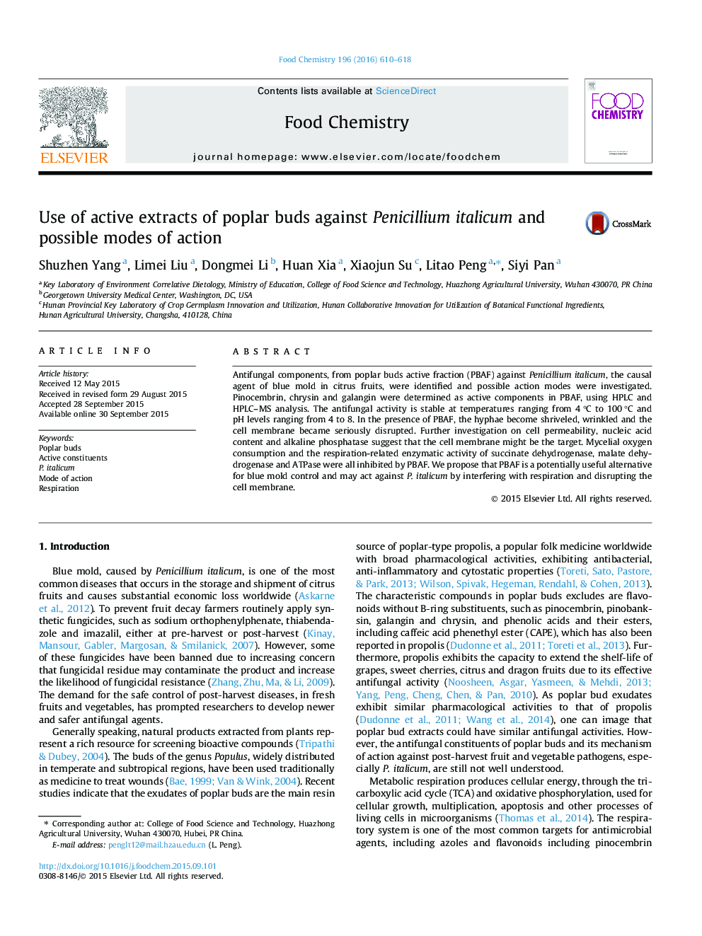 Use of active extracts of poplar buds against Penicillium italicum and possible modes of action