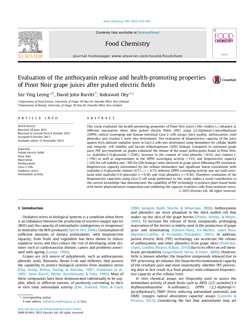 Evaluation of the anthocyanin release and health-promoting properties of Pinot Noir grape juices after pulsed electric fields