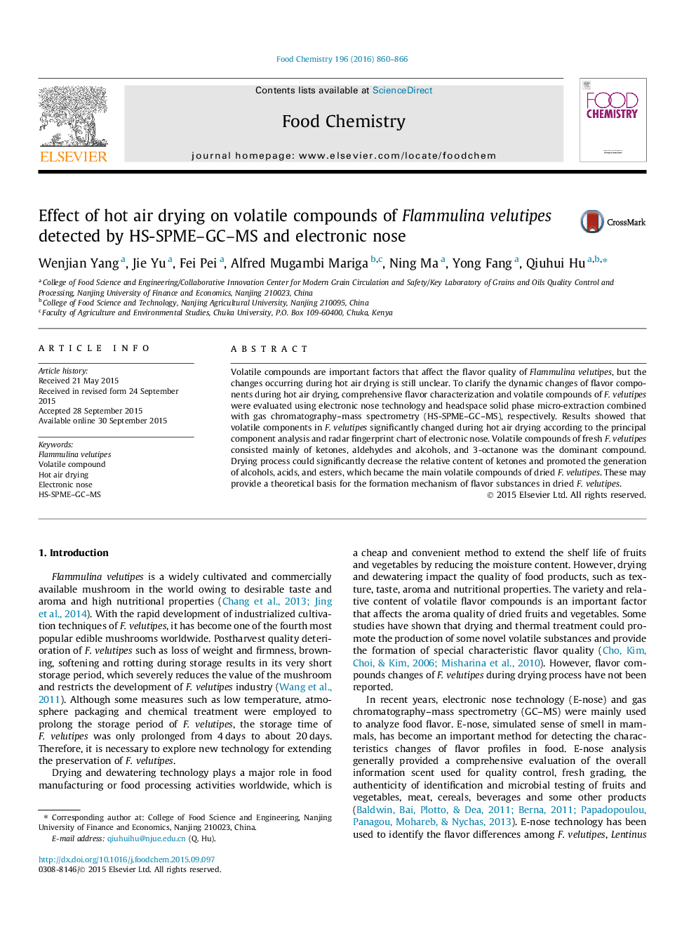 Effect of hot air drying on volatile compounds of Flammulina velutipes detected by HS-SPME–GC–MS and electronic nose