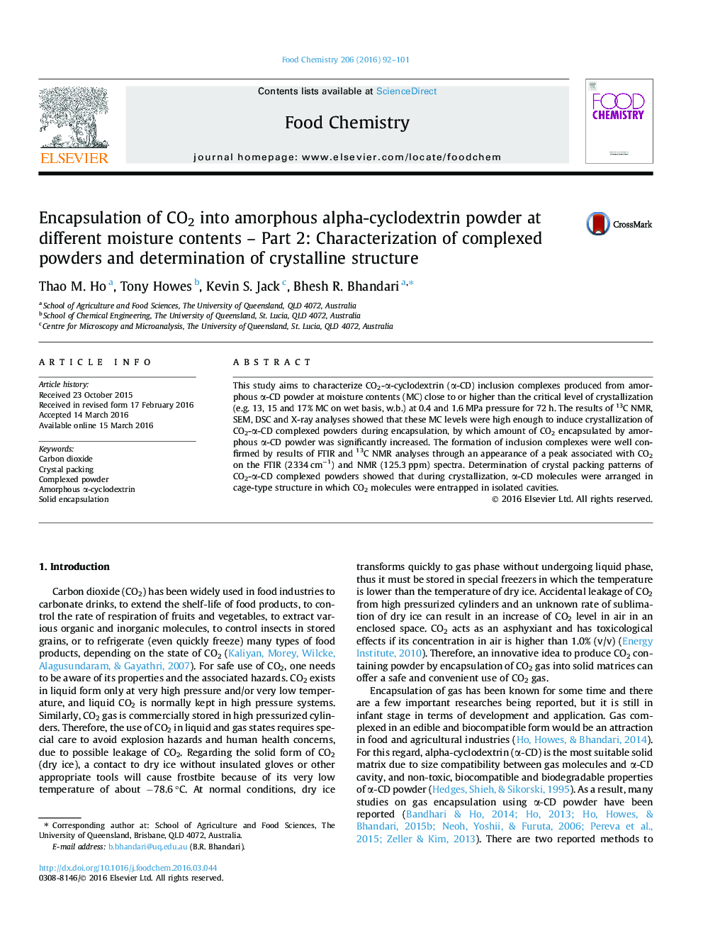 Encapsulation of CO2 into amorphous alpha-cyclodextrin powder at different moisture contents – Part 2: Characterization of complexed powders and determination of crystalline structure