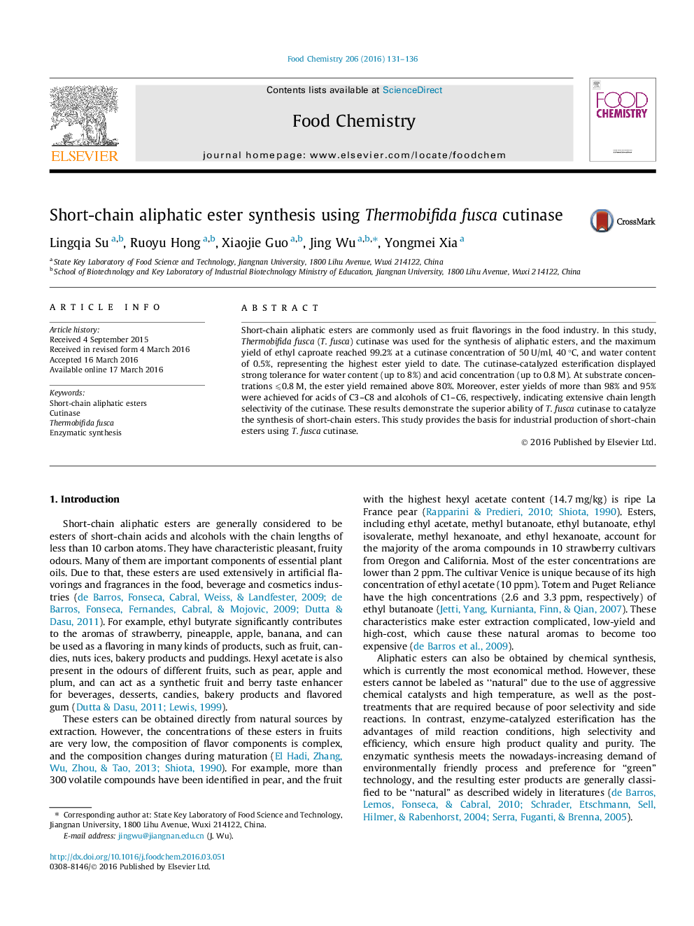 Short-chain aliphatic ester synthesis using Thermobifida fusca cutinase