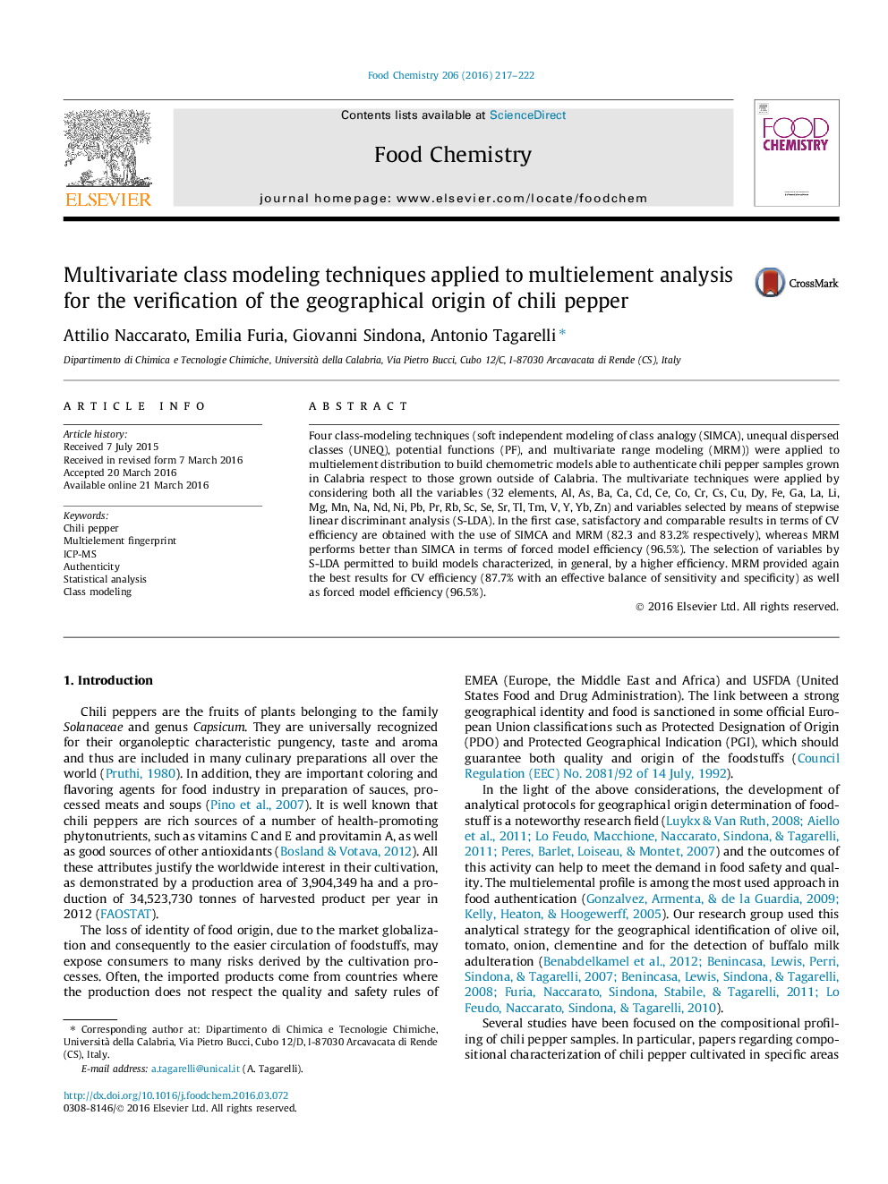 Multivariate class modeling techniques applied to multielement analysis for the verification of the geographical origin of chili pepper