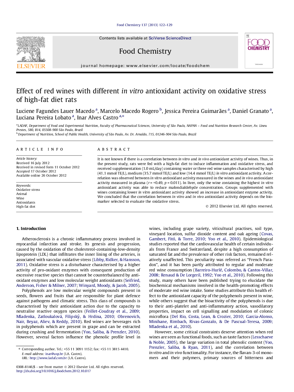 Effect of red wines with different in vitro antioxidant activity on oxidative stress of high-fat diet rats