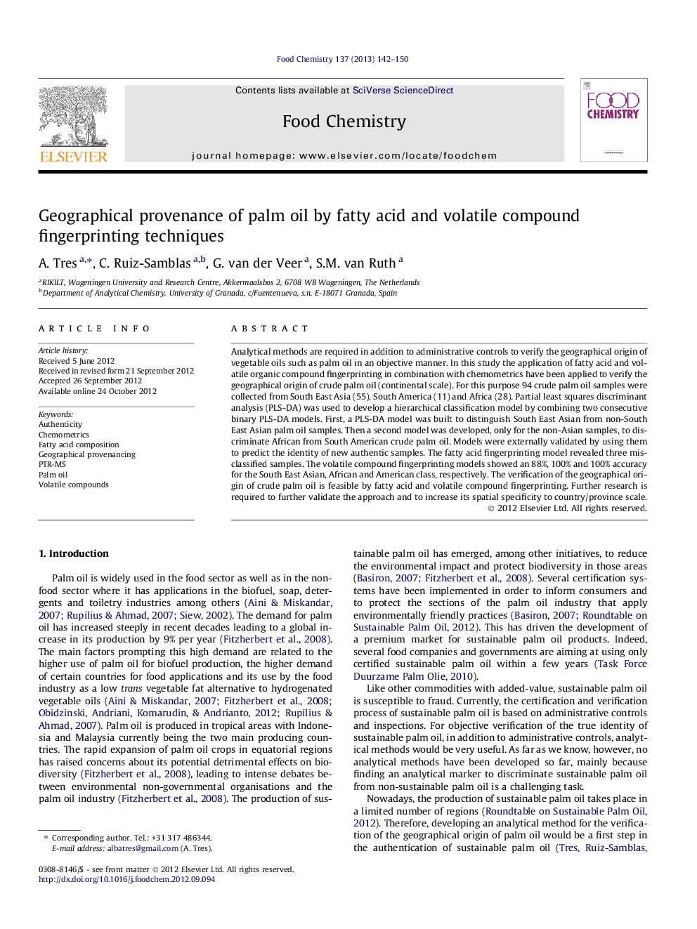 عکس صفحه اول مقاله: Geographical provenance of palm oil by fatty acid and volatile compound fingerprinting techniques Geographical provenance of palm oil by fatty acid and volatile compound fingerprinting techniques