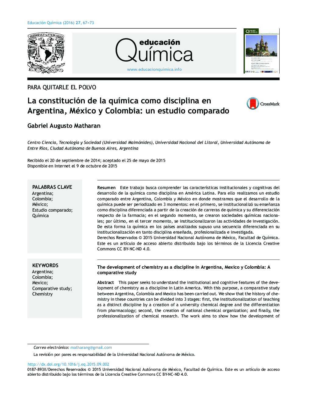 La constitución de la química como disciplina en Argentina, México y Colombia: un estudio comparado 