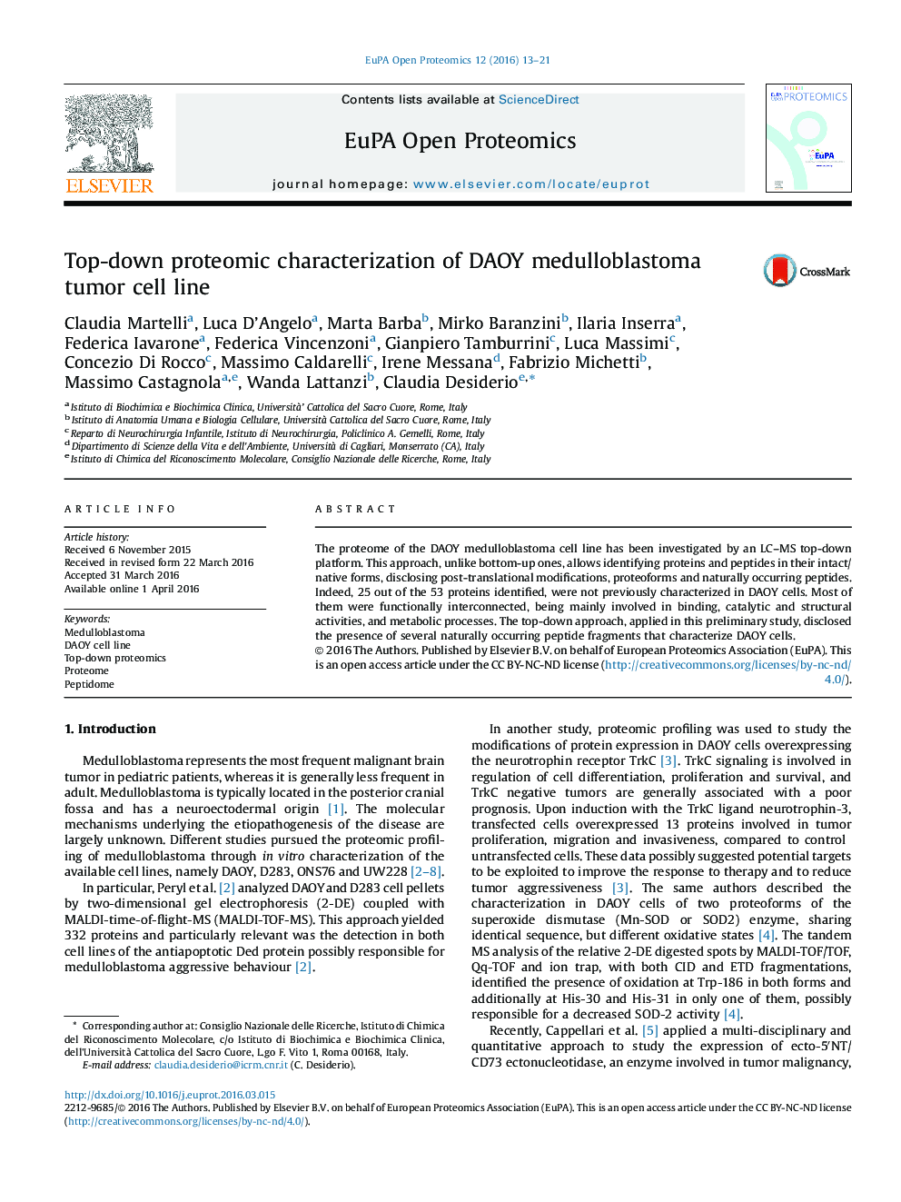 Top-down proteomic characterization of DAOY medulloblastoma tumor cell line