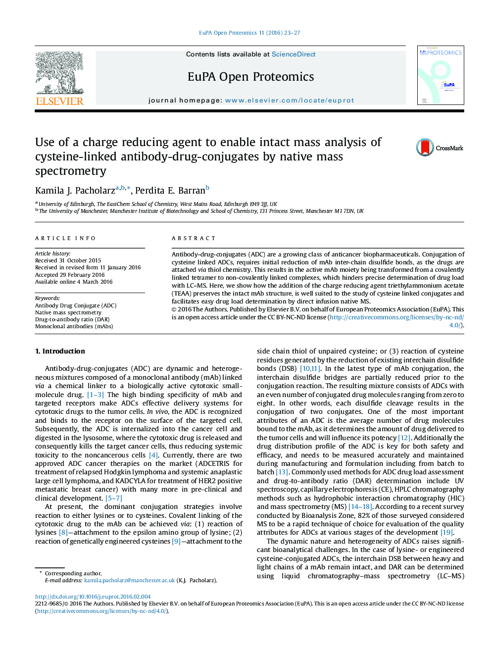 Use of a charge reducing agent to enable intact mass analysis of cysteine-linked antibody-drug-conjugates by native mass spectrometry