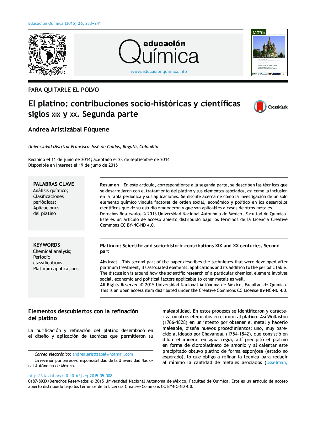 El platino: contribuciones socio-históricas y científicas siglos xix y xx. Segunda parte 