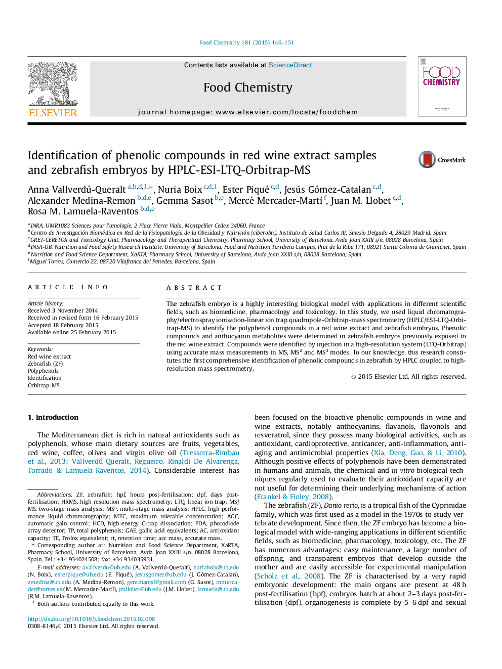 Identification of phenolic compounds in red wine extract samples and zebrafish embryos by HPLC-ESI-LTQ-Orbitrap-MS