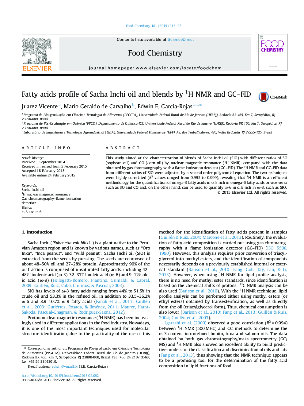 Fatty acids profile of Sacha Inchi oil and blends by 1H NMR and GC–FID