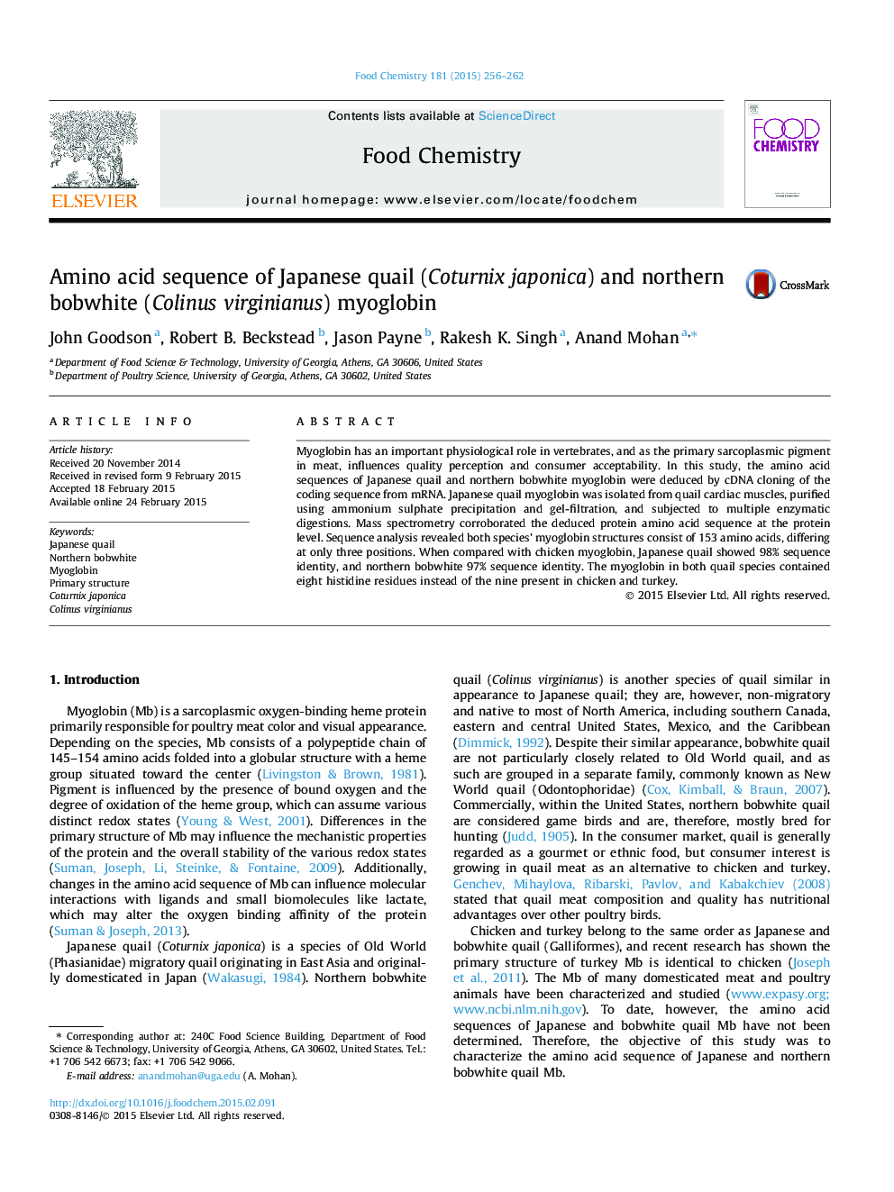 Amino acid sequence of Japanese quail (Coturnix japonica) and northern bobwhite (Colinus virginianus) myoglobin